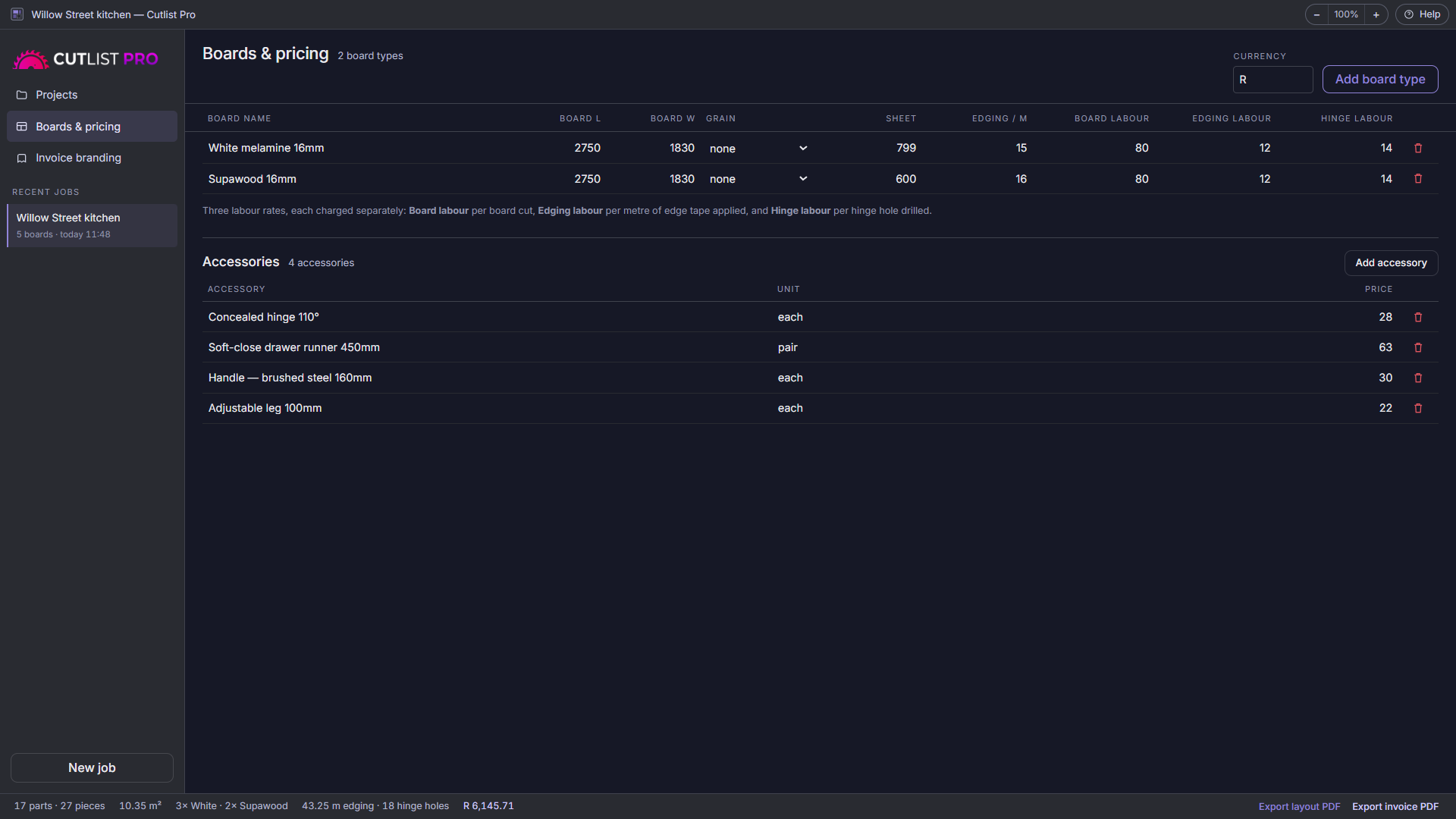 Board and accessory price library with three separate labour rates