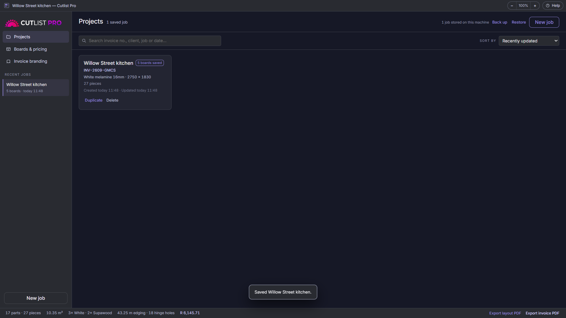Saved projects with search by invoice number, client name or date